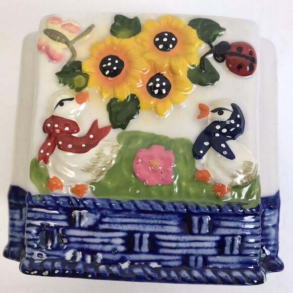 Ceramic Tea anister Caddy Blue Yellow Duck Black Eyed Susan Asian Trinket Box - Picture 7 of 7